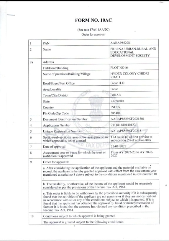 80G Certificate — Prerna Urban Rural and Educational Development Society