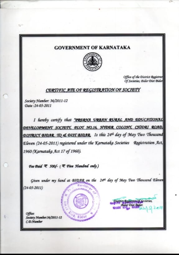 Registration Certificate — Prerna Urban Rural and Educational Development Society